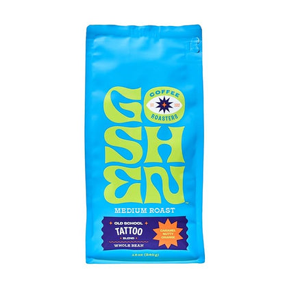 Goshen Coffee Roasters Whole Bean Old School Tattoo House Blend | Medium Roast, Brewed or Espresso | Award-Winning, Natural and Washed | Caramel, Nutty, Orange Flavors | 12 Oz Bag