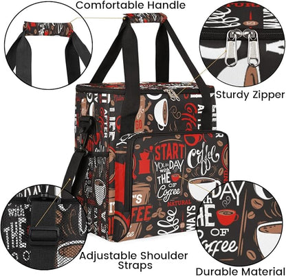 Brown and Red Coffee Cafe Coffee Maker Carring Bag Travel Carrying Storage Tote Bag Compatible with Keurig K-Mini or K-Mini Plus Portable Single Serve Coffee Brewer Case with Pockets for K-cup Pods