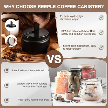Coffee Canister, Premium Stainless Insulated Vacuum Steel Coffee Bean Storage Container Travel Jar, Kitchen Food Airtight Coffee Grounds Container for Tea, Sugar, Flour (13.5oz-Black)