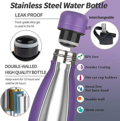 Insulated Water Bottle, 2 Pack-12oz Stainless Steel Water Bottles with straw lid, Metal Sports Water Bottles for Boys,Girls, Double Wall Vacuum BPA-Free Flask for Sports (Purple Ocean)