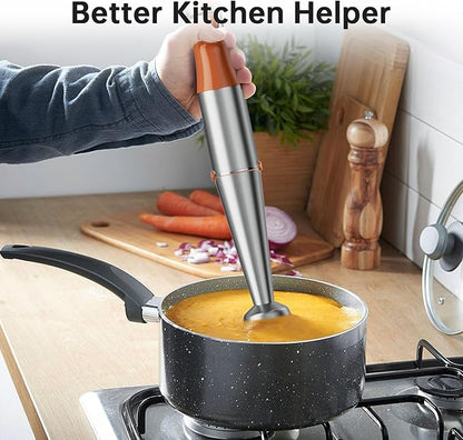 Immersion Blender Handheld Corded Hand Blenders Set 1100W, Trigger Variable Speed 5 in 1 Stick Emulsifier with Chopper, Whisk and Frother for Soup, Baby Food and Smoothies, Orange