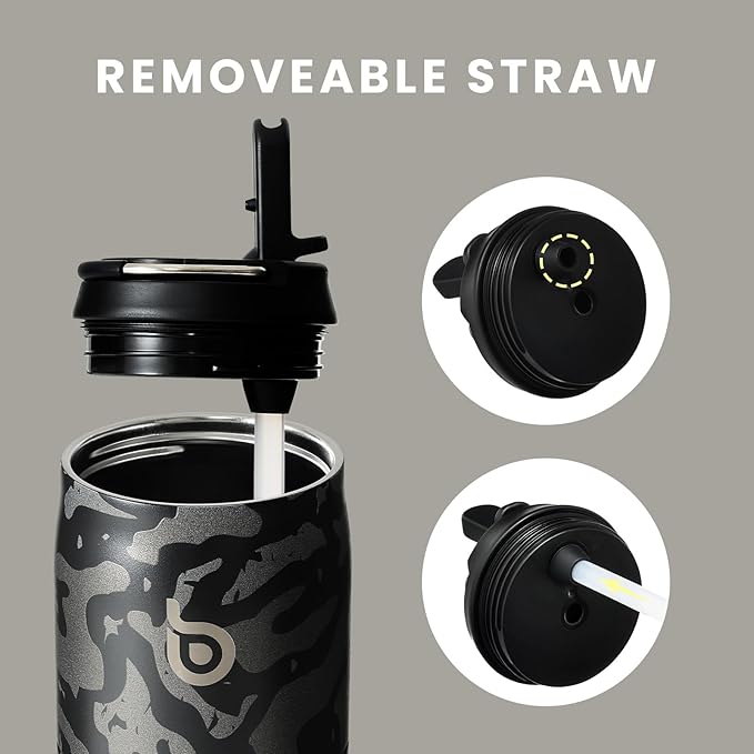 BOTTLE BOTTLE Stainless Steel Water Bottle with Straw and Lid 32 oz Vacuum Insulated Cup Stay Cold and Hot, Leak-Proof Wide Mouth Water Bottles for Men,Black Camouflage