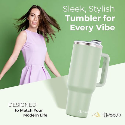 40 oz Tumbler With Handle and Straw Made of Stainless Steel - Double Wall Vacuum Insulated Tumbler With Lid - Sweat Proof Easy Grip, BPA-Free, Dishwasher Safe Tumbler (Sea Sage)
