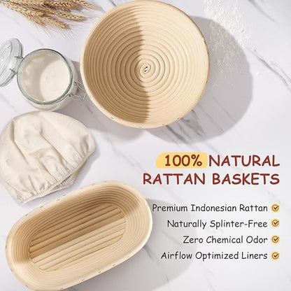 Sourdough Starter Kit, 9" Round & 10" Oval Banneton Proofing Bread Baskets Set, Sourdough Bread Baking Supplies for Beginner and Professional Bakers