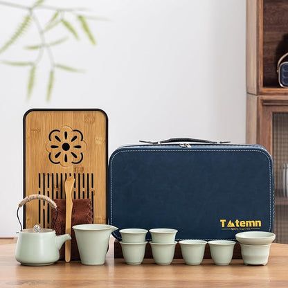 Travel tea set,Portable ceramic tea set,Chinese tea set,Tea sets for adults,Tea pot sets,Portable Travel Bag,Home,Gifting,Outdoor and Office,茶具 (Light green)