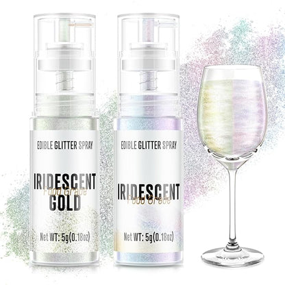 Edible Glitter Spray,2 Colors Iridescent & Iridescent Gold Food Grade Edible Glitter Set for Drink Cake Beverages,Cupcakes,Cake Pops and Cookies Decorating