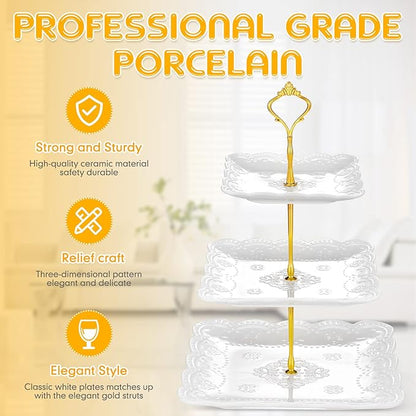 Tatuo 2 Pcs 3 Tier Porcelain Cupcake Stand, Cup Cake Holder Tower, Pastry Serving Elegant Dessert White Ceramic Tiered Stand for Wedding, Birthday, Tea Party(Lace Square Shape)