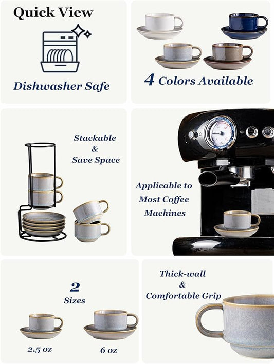 Gomakren 2.5 Ounce Espresso Cups Set of 4, Small Stackable Coffee Cups with Saucers and Metal Stand, Porcelain Demitasse Cups for Specialty Coffee Drinks, Espresso, Cappuccino, Latte, Tea, Gray