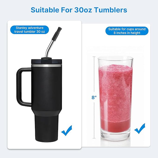 Repeatable Metal Straw with Silicone Tips for 30 oz Stanley Tumbler, 2 Pcs 30 oz Stainless Steel Straws Replacement for Stanley Tumbler, 1 Straw Brush, BPA Free（Black）