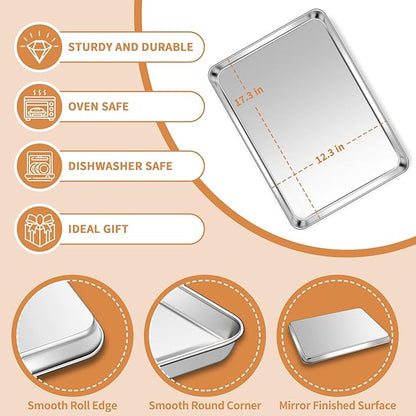 Stainless Steel Baking Sheet Set of 2, Deedro Cookie Sheet Metal Baking Pan Oven Tray, Non Toxic & Heavy Duty, Rust Free & Mirror Finish, Easy Clean & Dishwasher Safe, 17.3 x 12.3 x 1 Inch
