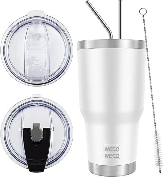 WETOWETO 30 oz Stainless Steel Tumbler, Insulated Coffee Tumbler Cup with 2 Lids and 2 Straws, Double Walled Travel Coffee Mug for Hot & Cold Drinks (White, 1 Pack)