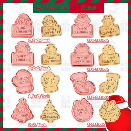 8 Piece Christmas Cookie Cutters, 3d Raised Design Gingerbread Cookie Stamps, Cookie Cutter Set suitable for Frosting Decoration, Mini Pie Molds, Apple Pie Pastry Biscuit Cutter (Christmas-F)