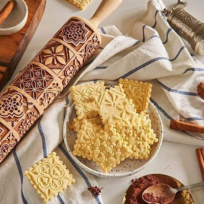 Christmas Wooden Rolling Pin for Baking,Engraved Embossing Rolling Pin Cookie Stamps Roller Square Grid Cookies Mold Kitchen Decor Tools for Kids Adults(Window Grilles)
