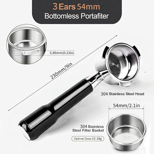 54mm Bottomless Portafilter with Filter Basket, Compatible with Breville Barista Express, BES880BSS, BES870XL, BES878BSS, BES500BSS, BES840XL, Pro, Touch, Bambino Plus, Infuser, Duo Temp Pro