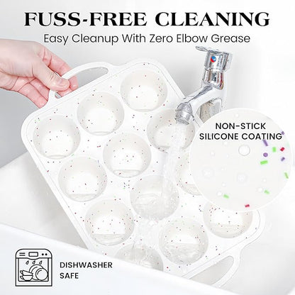 2 Pcs Silicone Muffin Pan for Baking with Metal Frame, Nonstick 12 Cup Regular Size Cupcake Pan, Silicone Muffin Tray for Egg Bites (Cream)