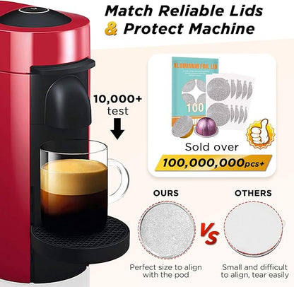 CAPMESSO Reusable Vertuo Pod Refill Kit, Faster Seal Reusable Nespresso Vertuo Pods with Fill & Press Brush,100pcs Aluminum Foil Lids for Refillable Nespresso Pods Vertuo