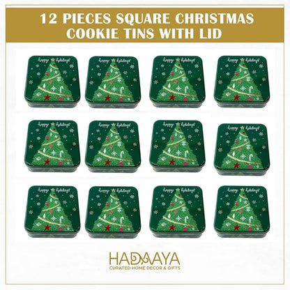 Metal Christmas Cookie Tins with Lids, 12 Pack Green Square Holiday Storage Containers, Durable & Stylish Storage Solution For Gift Giving, Cake, Candy & More