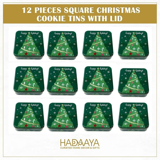 Metal Christmas Cookie Tins with Lids, 12 Pack Green Square Holiday Storage Containers, Durable & Stylish Storage Solution For Gift Giving, Cake, Candy & More