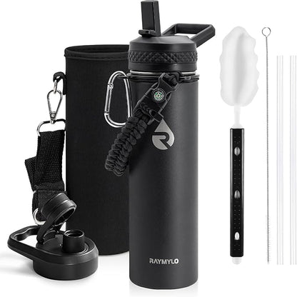 Insulated Water Bottle 20 oz, Triple Wall Vacuum Stainless Steel (Cold for 48 Hrs), Leak Proof & Non-BPA, Kids Water Bottle Jug for School with Straw Spout Lids, Magic Black