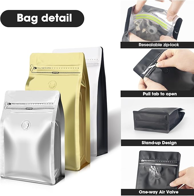 Coffee Bags with Valve(60pcs,16 oz,1 lb) Vented Coffee Beans Packaging Bags High Barrier Aluminumed Foil Flat Bottom Heat Sealed Side Zipper Resealable Storage Bag for Home or Business（White+Black）