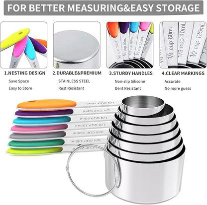 TILUCK Measuring Cups and Spoons Set, Stainless Steel, Kitchen Utensils for Cooking and Baking (12, Colorful)