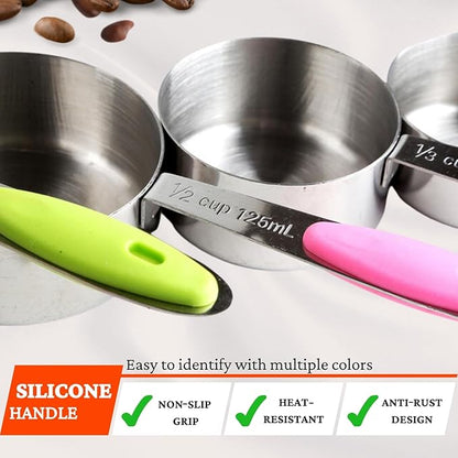 Stainless Steel Measuring Cups and Spoons Set of 16, 5 Measuring Cups with Colored Silicone Handles, 6 Nesting Spoons, 5 Mini Spoons, Kitchen Gadgets for Cooking & Baking, Dry and Liquid Ingredients