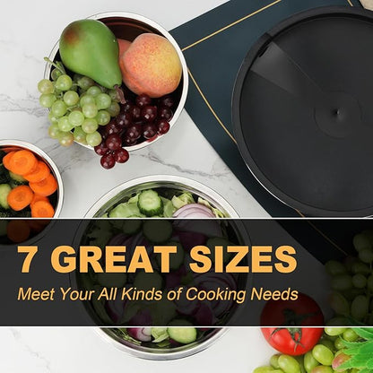 7 Piece Mixing Bowl Set, Mixing Bowls with Lid, Stainless Steel Mixing Bowls for Baking, Size 0.7, 1.1, 1.5, 2.1, 3.5, 4, 4.5QT, Baking Bowl for Food Preparation, Mixing and Serving Foods