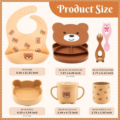 Silicone Baby Feeding Set 7 Pcs, Baby Led Weaning Supplies, Baby Feeding EatincSupplies Set BPA Free, Baby Essentialsfor Newborn Gift Bear