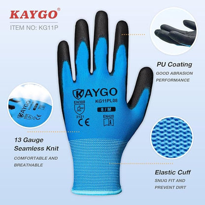 KAYGO Safety Work Gloves PU Coated,12 Pairs KG11PB, Seamless Knit Glove with Polyurethane Coated Smooth Grip on Palm & Fingers, for Men and Women, Ideal for General Duty Work (Medium,Blue)