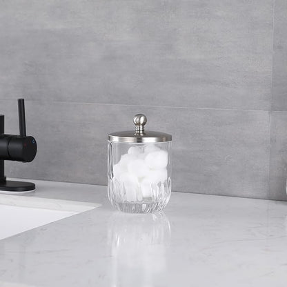 Glass Jar with Metal Lid for Bathroom Organization, Clear Apothecary Jar for Cotton Balls, Q Tips, and Small Accessories, Stylish Bathroom Storage Container Nickel