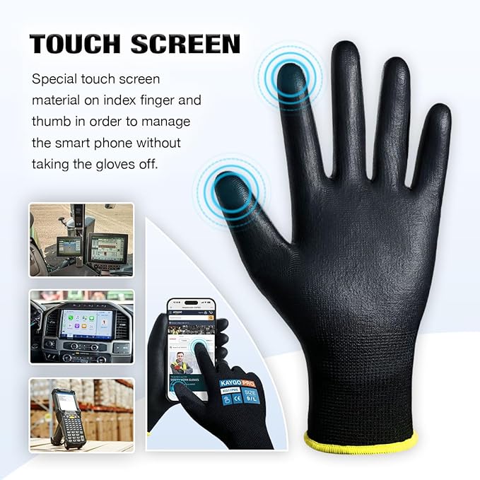 KAYGO Safety Work Gloves PU Coated for Men and Women- KG11P,12 Pairs,Seamless Knit Glove with Two Fingers Touchscreen,Ideal for General Duty Work (Green,M)