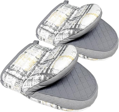 Mini Silicone Oven Mitts, Heat and Slip Resistant Kitchen Gloves 2-Pack Set, Vintage Plaid Soft Oven Mittens, Flexible Pot Holders for Cooking Baking and Grilling (Vintage Grey)