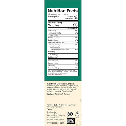 Teeccino Dandelion Coconut Herbal Coffee - Caffeine-Free Coffee Alternative with Prebiotics, Gluten Free, Acid Free - Medium Roast, 10 oz