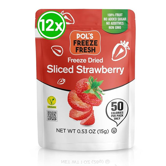 Pol’s Freeze Fresh - 12 Pack Sliced Freeze-Dried Strawberries (0.53 Oz Each), No Sugar, Non-GMO, Kosher, Vegan, Gluten-Free, Single-Serve Packs