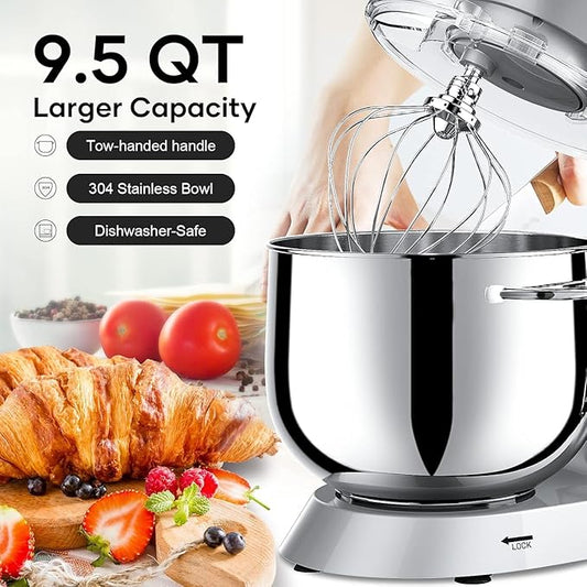 9.5 Qt Stand Mixer, 10-Speed Tilt-Head Food Mixer, Vezzio 660W Kitchen Electric Mixer with Stainless Steel Bowl, Dishwasher-Safe Attachments for Most Home Cooks(Silver)