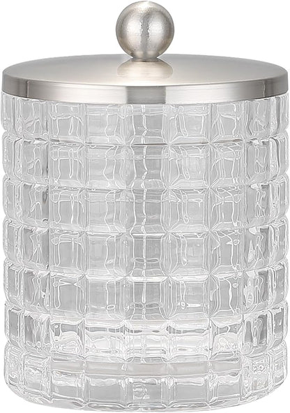 Glass Jar with Metal Lid for Bathroom Organization, Clear Apothecary Jar for Cotton Balls, Q Tips, and Small Accessories, Stylish Bathroom Storage Container Clear, Nickel