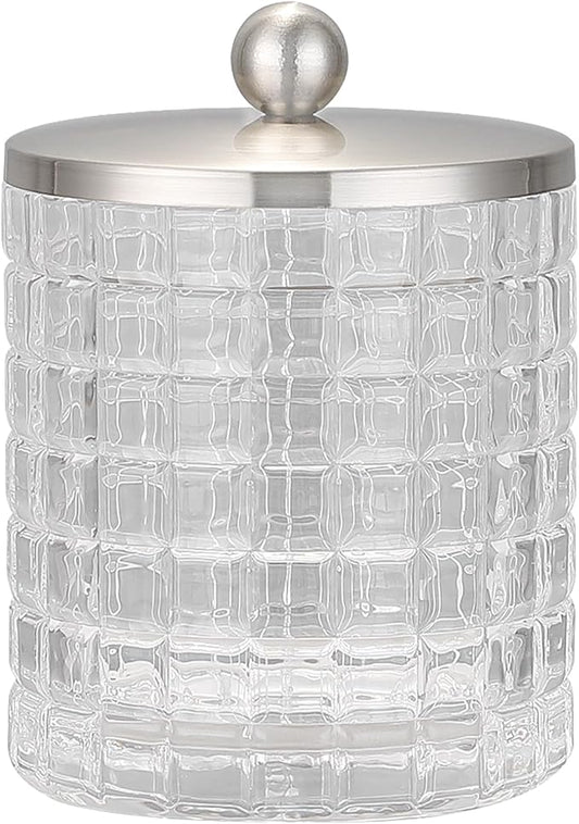 Glass Jar with Metal Lid for Bathroom Organization, Clear Apothecary Jar for Cotton Balls, Q Tips, and Small Accessories, Stylish Bathroom Storage Container Clear, Nickel