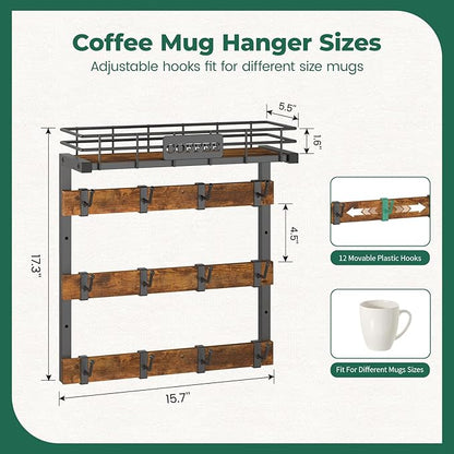 EsLuker.ly Coffee Mug Holder Wall Mounted Display Rack, Black Metal Cup Hanger Organizer with 12 Movable Plastic Hooks, Wood Rustic Shelf for Coffee Bar Home Kitchen, Thoughtful Wall Storage