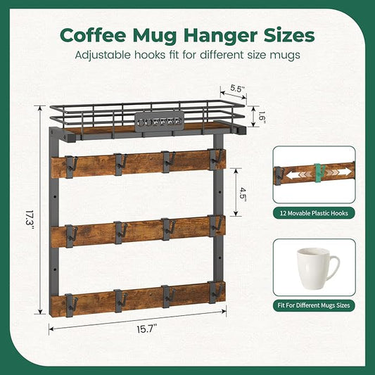 EsLuker.ly Coffee Mug Holder Wall Mounted Display Rack, Black Metal Cup Hanger Organizer with 12 Movable Plastic Hooks, Wood Rustic Shelf for Coffee Bar Home Kitchen, Thoughtful Wall Storage