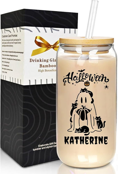 Personalized Halloween Tumbler-Boo Basket Stuffers- Can Shaped Glass with Lids and Straws18OZ -Halloween Gifts for Friend Son Daughter