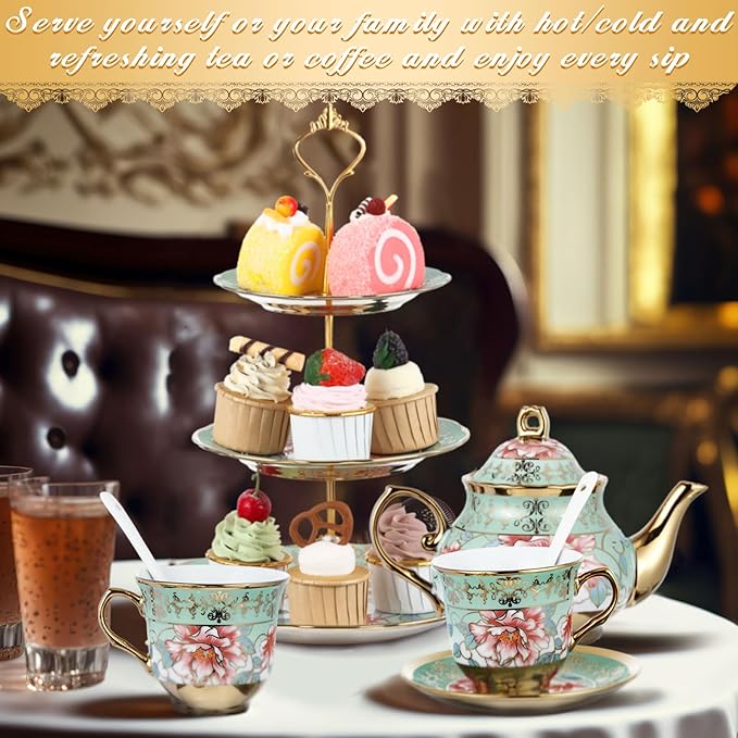 Maxcheck 21 Pcs Tea Party Set for Adults European Floral Tea Set with Metal Holder and 3 Tier Ceramic Cake Stand Porcelain Flower Cup Teapot for Dessert Cupcake(Fresh Style)