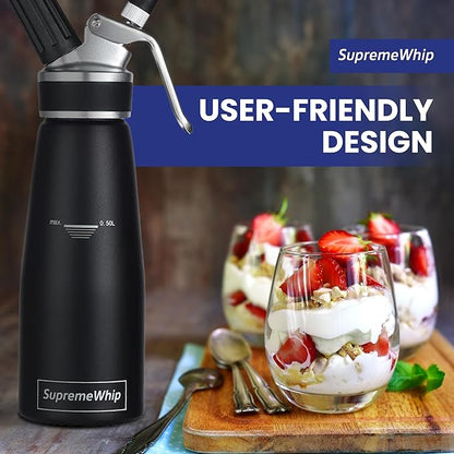 PRO Cream Dispenser, Durable High-Grip, Metal Lid with Rubber, 3 Nozzles, for Hot/Cold Use, Cleaning Brush Included, Black - 500 ml / 1 Pint