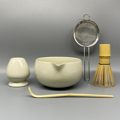 Matcha Whisk Set – 5 Pcs Matcha Set Whisk and Bowl with Spout, Bamboo Scoop, Sifter & Holder – Ru Kiln Matcha Bowl Japanese Tea Kit for Gifts, Home Use & Ceremonial Rituals (White)