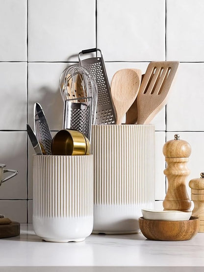 LE TAUCI Utensil Holder, 7.3"+5.4" Ceramic Kitchen Utensil Holder for Countertop, Large Cooking Utensil Crocks Gift for Mom, Boho Farmhouse Kitchen Decor, Set of 2, Reactive Glaze Arctic White