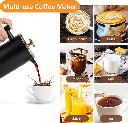 Black French Press Stainless Steel 34oz, Double Wall Insulated Coffee Press 1L for travel camping with 2 Extra Filter Screens and 1 Coffee Spoon（8cup 1000ml）