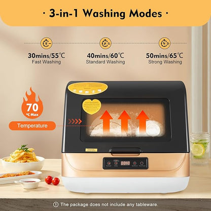 Compact Portable Dishwasher Countertop with Filter and Hybrid Drying Function, 360° Streak-Free Deep Cleaning, 3 Washing Programs, Mini Dishwasher for Apartments& RVs