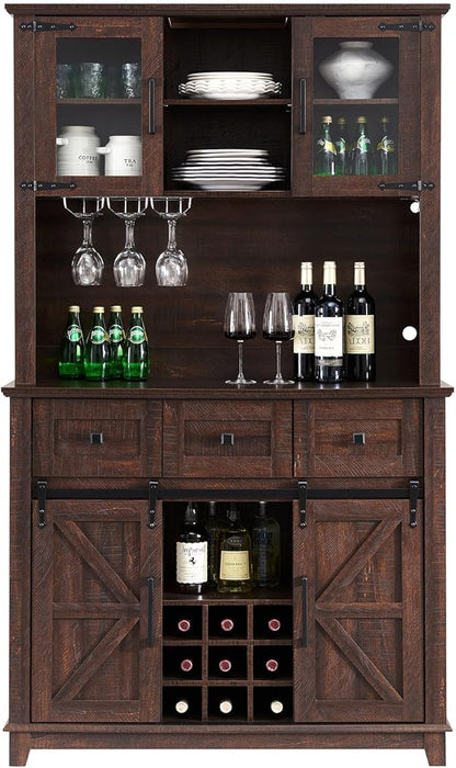 AMERLIFE 72'' Coffee Wine Bar Cabinet with Sliding Barn Door, Farmhouse Kitchen Sideboard, Buffet Storage Table, Wine Glass Racks, 3 Drawers, LED Lights, Tall Hutch Home Bar for Dining Room Brown