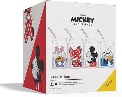 JoyJolt Disney Mickey Mouse & Friends Peek-a-Boo Collection Tumblers, 16oz Can Shape Tumbler Drinking Glass Cups Set, Glass Tumbler Set of 4 w/Glass Straws, Disney Gifts, Mickey Mouse Glasses