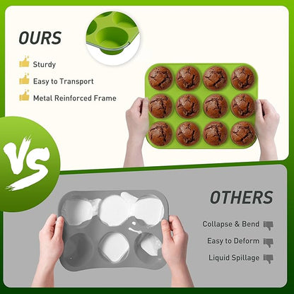 2 Pack 12 Cups Silicone Muffin Pan with Metal Reinforced Frame Regular Size Silicone Molds Cupcake Cake Baking Pans Cookie Baking Chocoflan Cupcake Mold Kitchen Baking Mold Tools for Cooking