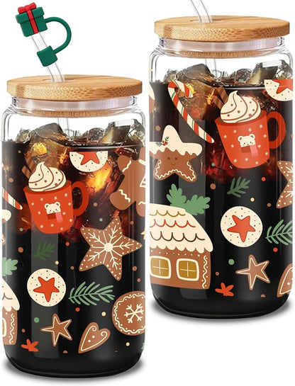 Christmas Glass, 16 Oz Winter Iced Coffee Glass with Straw and Lid, Festive Winter Theme, Perfect for Christmas and Holiday Celebration Decorations (One)